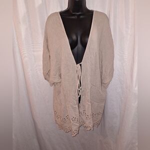 Cream Ruffled 3/4 Sleeve Tie Front Cardigan